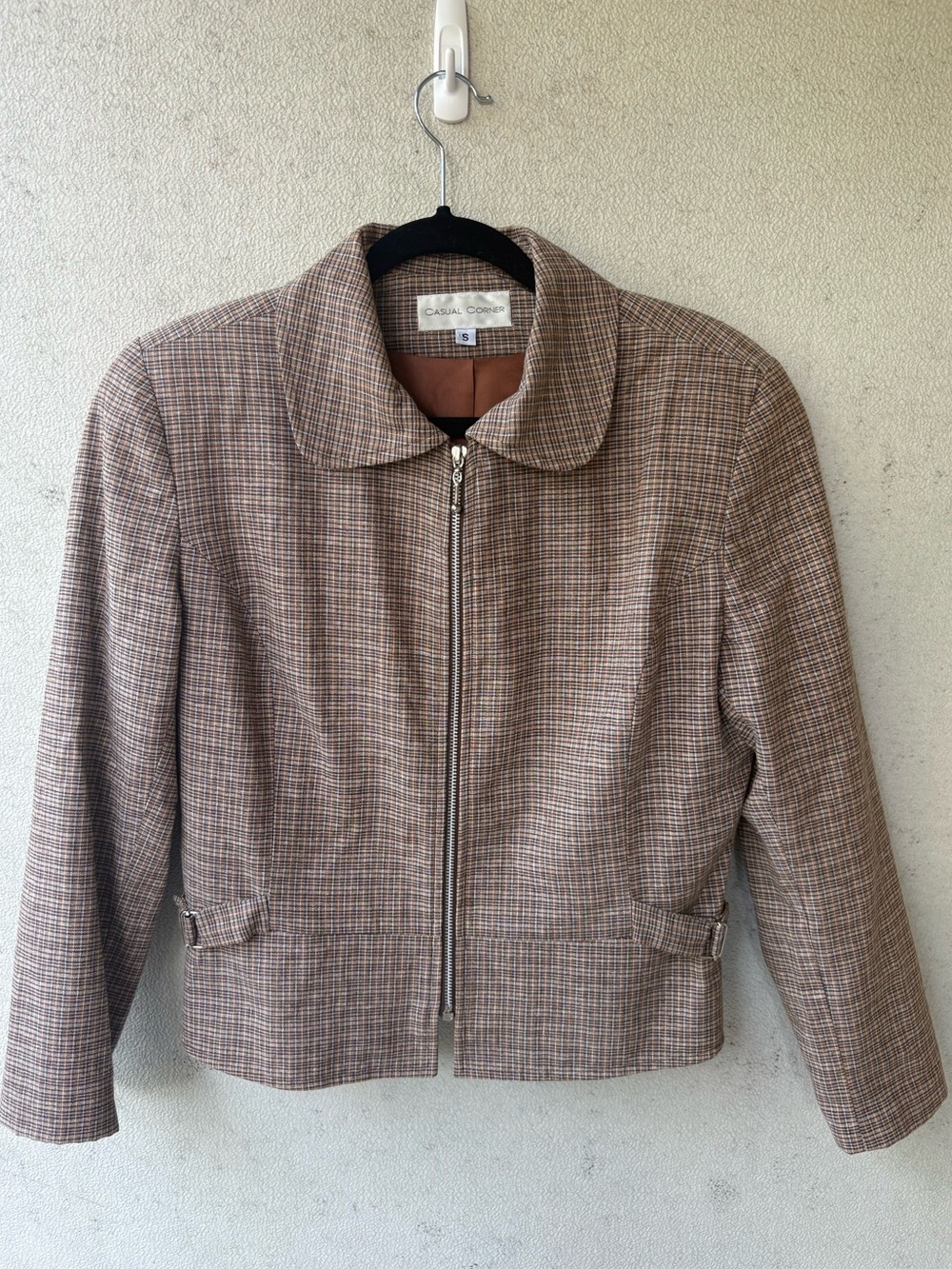 Casual Corner Linen Cotton Plaid Cropped Zip Jacket Made USA S
